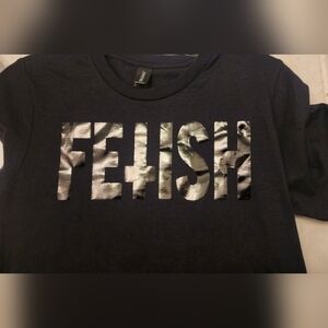 Fetish Black Shiny Foil Print on Black Cotton T-Shirt